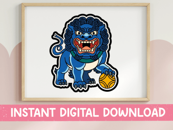Blue Foo Dog Guardian Lion Graphics & T-Shirt Designs
