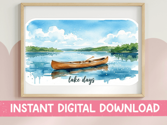 Lake Days Watercolor Canoe Scene Graphics for T-Shirt Designs